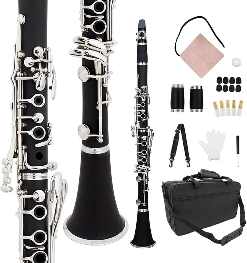 YoungMonic Bb Clarinet Black Ebonite Body Nickel-Plated Keys Wood Clarinets Complete Beginner Kit with Hard Bag & Care Tools Easy to Learn, Rich Sound for Beginners & Adult Learners Practice(q1) - Image 1